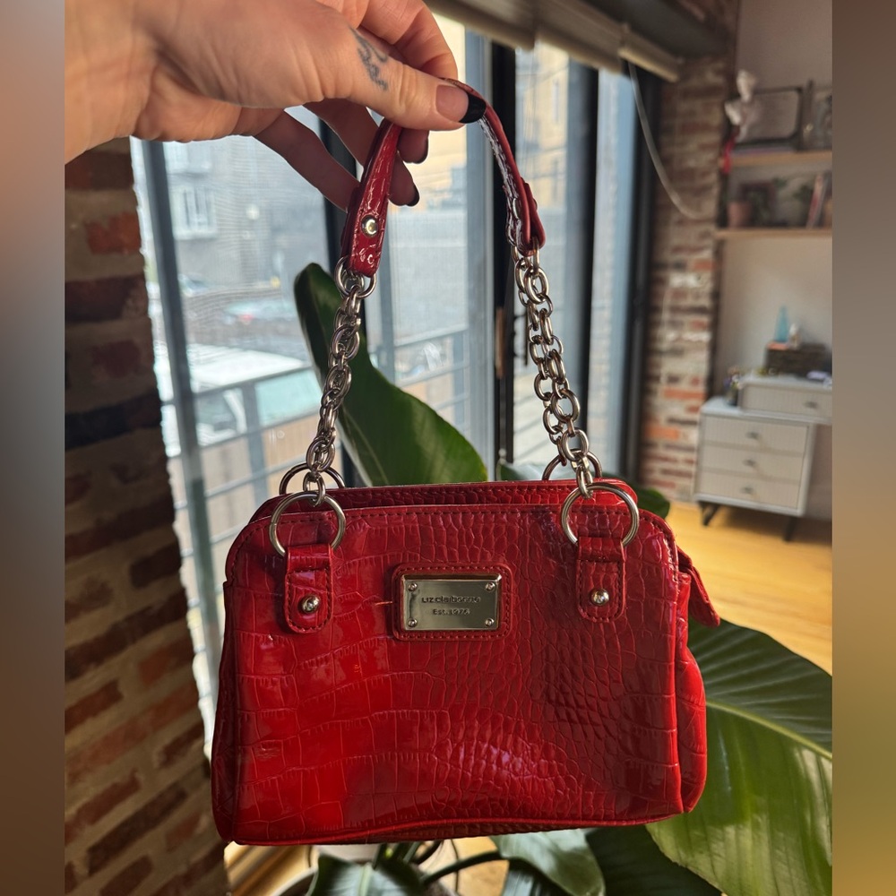 Liz Claiborne Red Patent Croc-Texture Chain Handle Shoulder Bag